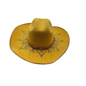Western Hand Burned Wide Brim Cowboy Hat Yellow Boho Festival Hat